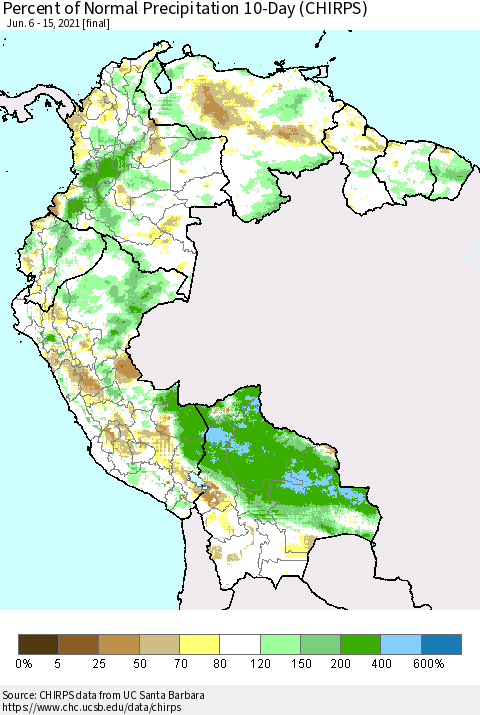 Northern South America Percent of Normal Precipitation 10-Day (CHIRPS) Thematic Map For 6/6/2021 - 6/15/2021
