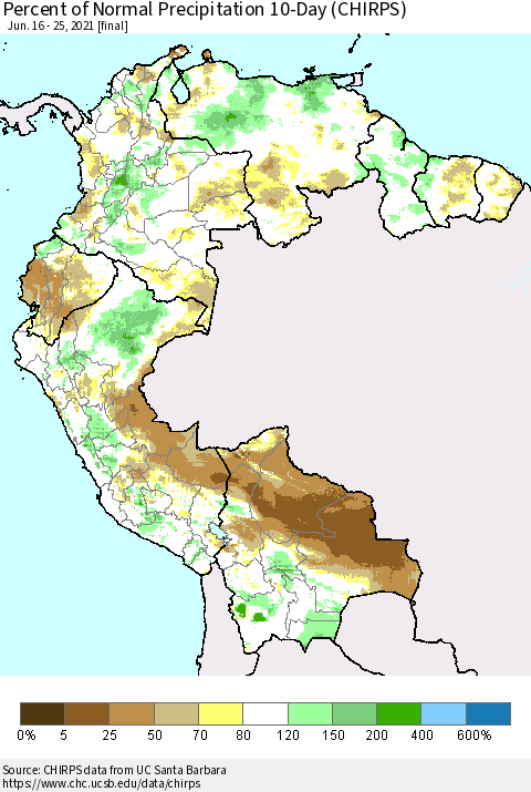 Northern South America Percent of Normal Precipitation 10-Day (CHIRPS) Thematic Map For 6/16/2021 - 6/25/2021