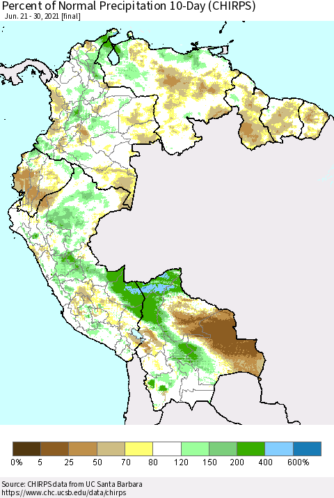 Northern South America Percent of Normal Precipitation 10-Day (CHIRPS) Thematic Map For 6/21/2021 - 6/30/2021