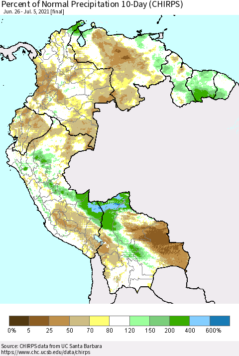 Northern South America Percent of Normal Precipitation 10-Day (CHIRPS) Thematic Map For 6/26/2021 - 7/5/2021
