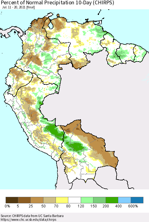 Northern South America Percent of Normal Precipitation 10-Day (CHIRPS) Thematic Map For 7/11/2021 - 7/20/2021
