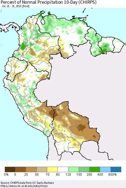 Northern South America Percent of Normal Precipitation 10-Day (CHIRPS) Thematic Map For 7/21/2021 - 7/31/2021