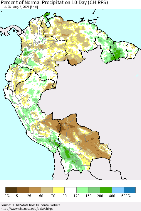 Northern South America Percent of Normal Precipitation 10-Day (CHIRPS) Thematic Map For 7/26/2021 - 8/5/2021