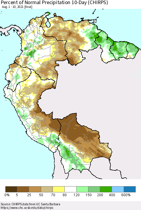 Northern South America Percent of Normal Precipitation 10-Day (CHIRPS) Thematic Map For 8/1/2021 - 8/10/2021