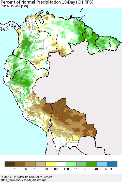 Northern South America Percent of Normal Precipitation 10-Day (CHIRPS) Thematic Map For 8/6/2021 - 8/15/2021