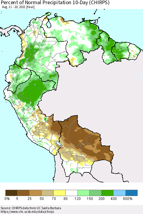Northern South America Percent of Normal Precipitation 10-Day (CHIRPS) Thematic Map For 8/11/2021 - 8/20/2021