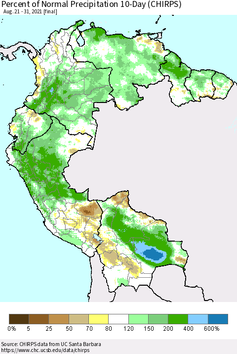 Northern South America Percent of Normal Precipitation 10-Day (CHIRPS) Thematic Map For 8/21/2021 - 8/31/2021
