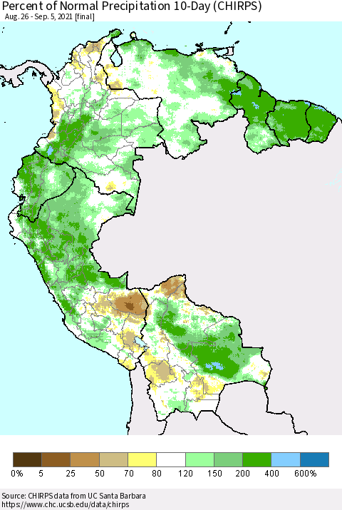 Northern South America Percent of Normal Precipitation 10-Day (CHIRPS) Thematic Map For 8/26/2021 - 9/5/2021