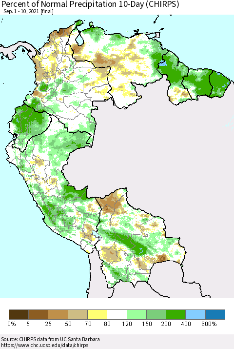 Northern South America Percent of Normal Precipitation 10-Day (CHIRPS) Thematic Map For 9/1/2021 - 9/10/2021