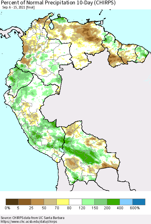 Northern South America Percent of Normal Precipitation 10-Day (CHIRPS) Thematic Map For 9/6/2021 - 9/15/2021