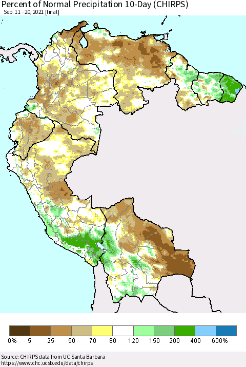 Northern South America Percent of Normal Precipitation 10-Day (CHIRPS) Thematic Map For 9/11/2021 - 9/20/2021
