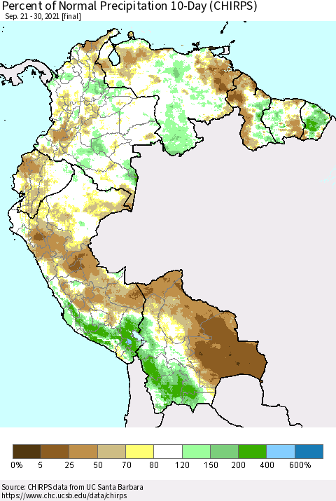 Northern South America Percent of Normal Precipitation 10-Day (CHIRPS) Thematic Map For 9/21/2021 - 9/30/2021