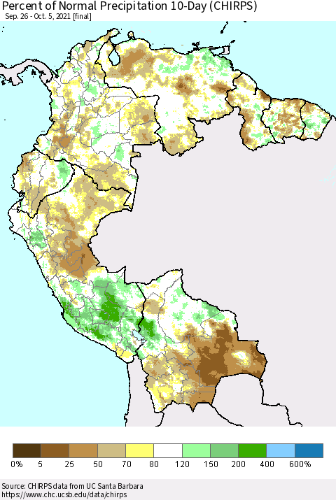 Northern South America Percent of Normal Precipitation 10-Day (CHIRPS) Thematic Map For 9/26/2021 - 10/5/2021