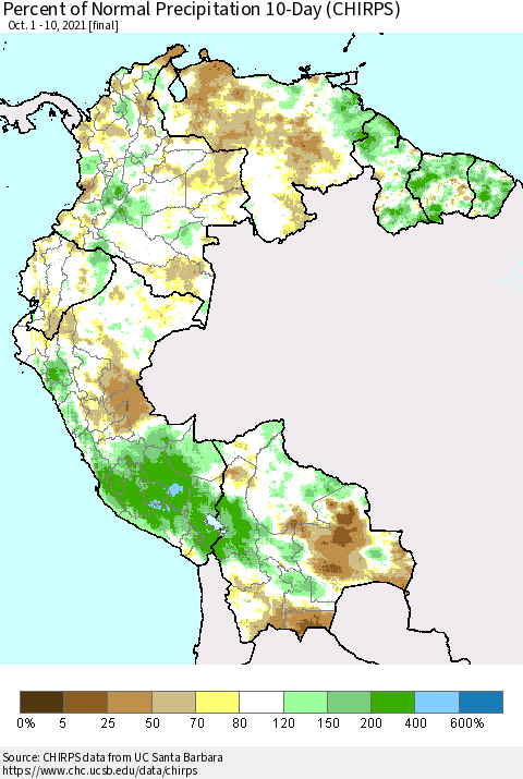 Northern South America Percent of Normal Precipitation 10-Day (CHIRPS) Thematic Map For 10/1/2021 - 10/10/2021