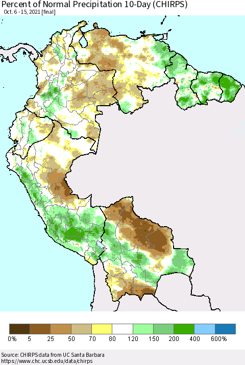 Northern South America Percent of Normal Precipitation 10-Day (CHIRPS) Thematic Map For 10/6/2021 - 10/15/2021