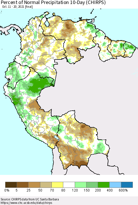Northern South America Percent of Normal Precipitation 10-Day (CHIRPS) Thematic Map For 10/11/2021 - 10/20/2021