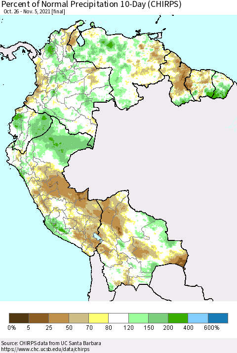 Northern South America Percent of Normal Precipitation 10-Day (CHIRPS) Thematic Map For 10/26/2021 - 11/5/2021
