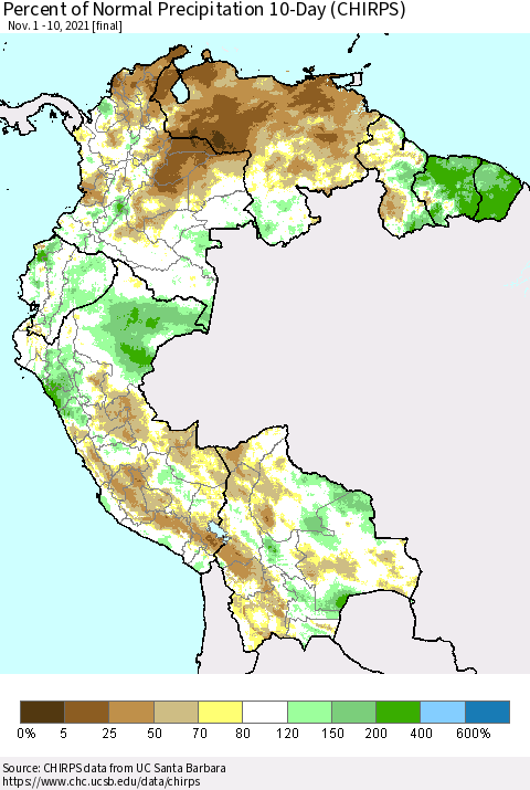 Northern South America Percent of Normal Precipitation 10-Day (CHIRPS) Thematic Map For 11/1/2021 - 11/10/2021