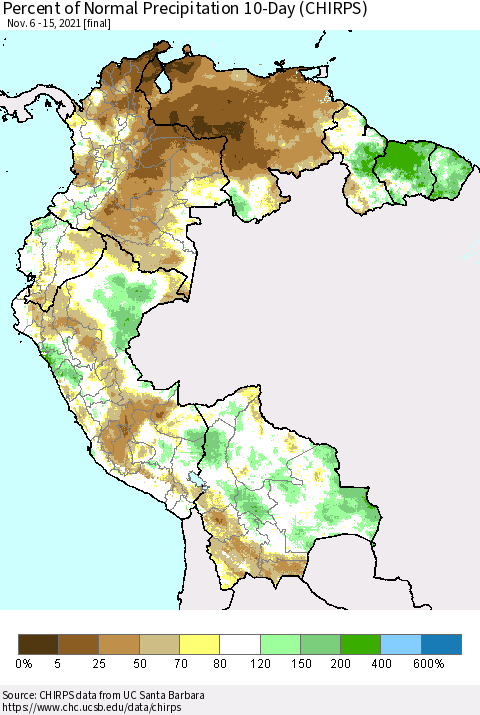 Northern South America Percent of Normal Precipitation 10-Day (CHIRPS) Thematic Map For 11/6/2021 - 11/15/2021