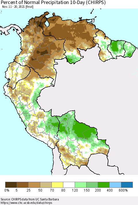 Northern South America Percent of Normal Precipitation 10-Day (CHIRPS) Thematic Map For 11/11/2021 - 11/20/2021
