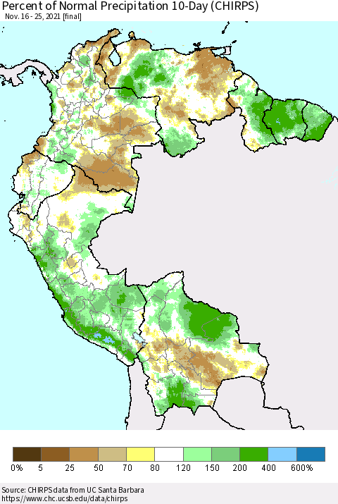 Northern South America Percent of Normal Precipitation 10-Day (CHIRPS) Thematic Map For 11/16/2021 - 11/25/2021