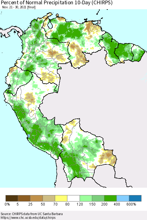 Northern South America Percent of Normal Precipitation 10-Day (CHIRPS) Thematic Map For 11/21/2021 - 11/30/2021