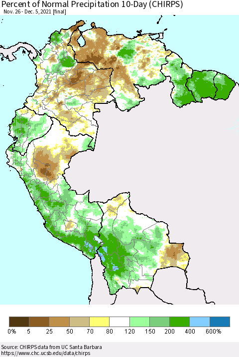 Northern South America Percent of Normal Precipitation 10-Day (CHIRPS) Thematic Map For 11/26/2021 - 12/5/2021