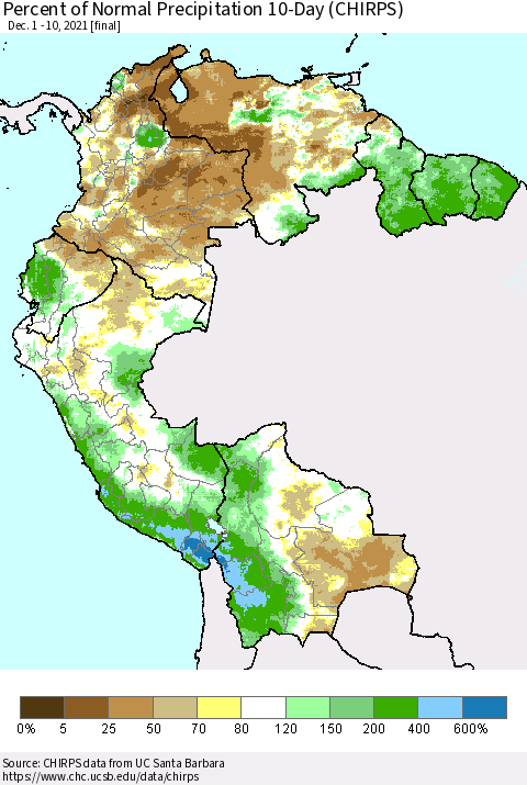 Northern South America Percent of Normal Precipitation 10-Day (CHIRPS) Thematic Map For 12/1/2021 - 12/10/2021