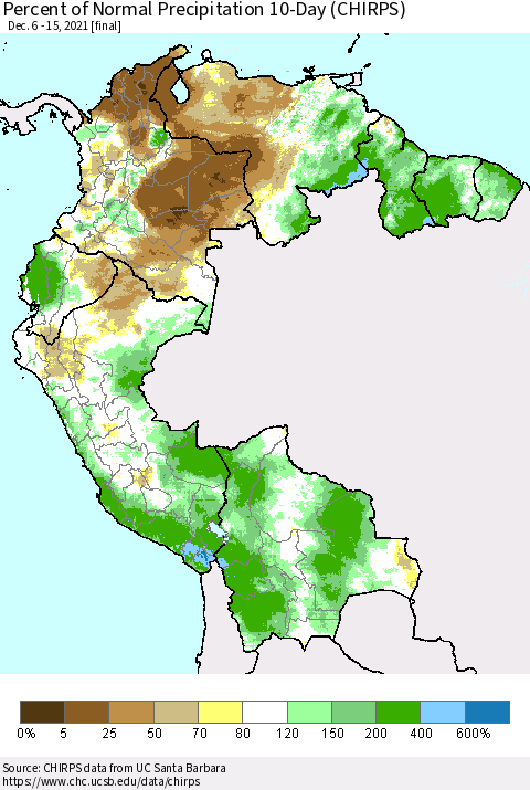 Northern South America Percent of Normal Precipitation 10-Day (CHIRPS) Thematic Map For 12/6/2021 - 12/15/2021