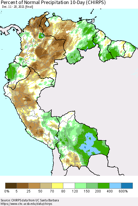 Northern South America Percent of Normal Precipitation 10-Day (CHIRPS) Thematic Map For 12/11/2021 - 12/20/2021