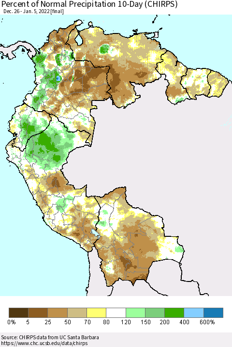Northern South America Percent of Normal Precipitation 10-Day (CHIRPS) Thematic Map For 12/26/2021 - 1/5/2022