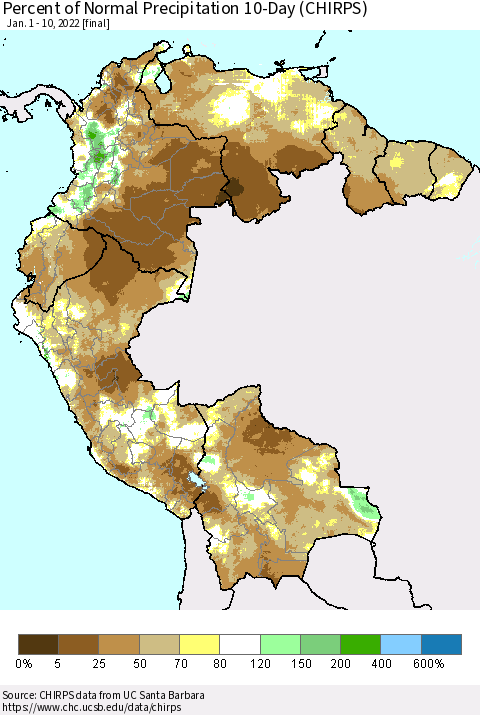 Northern South America Percent of Normal Precipitation 10-Day (CHIRPS) Thematic Map For 1/1/2022 - 1/10/2022