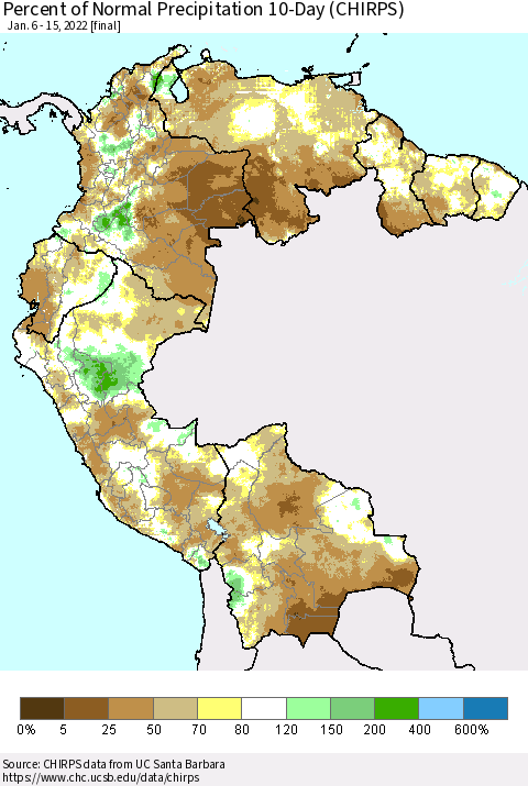 Northern South America Percent of Normal Precipitation 10-Day (CHIRPS) Thematic Map For 1/6/2022 - 1/15/2022