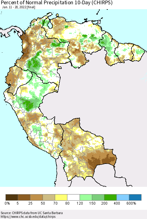Northern South America Percent of Normal Precipitation 10-Day (CHIRPS) Thematic Map For 1/11/2022 - 1/20/2022