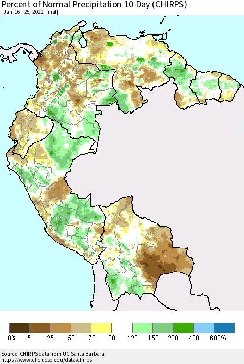 Northern South America Percent of Normal Precipitation 10-Day (CHIRPS) Thematic Map For 1/16/2022 - 1/25/2022
