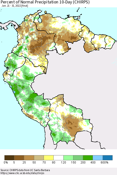 Northern South America Percent of Normal Precipitation 10-Day (CHIRPS) Thematic Map For 1/21/2022 - 1/31/2022