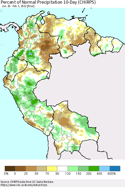 Northern South America Percent of Normal Precipitation 10-Day (CHIRPS) Thematic Map For 1/26/2022 - 2/5/2022