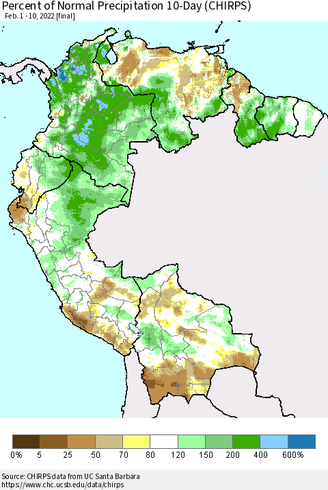 Northern South America Percent of Normal Precipitation 10-Day (CHIRPS) Thematic Map For 2/1/2022 - 2/10/2022