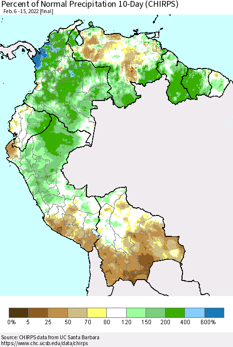 Northern South America Percent of Normal Precipitation 10-Day (CHIRPS) Thematic Map For 2/6/2022 - 2/15/2022