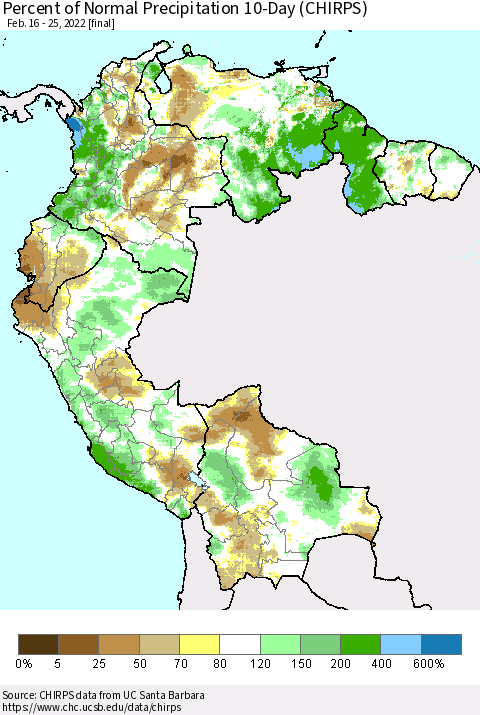 Northern South America Percent of Normal Precipitation 10-Day (CHIRPS) Thematic Map For 2/16/2022 - 2/25/2022