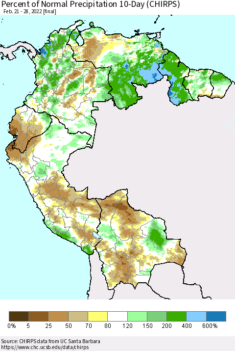 Northern South America Percent of Normal Precipitation 10-Day (CHIRPS) Thematic Map For 2/21/2022 - 2/28/2022