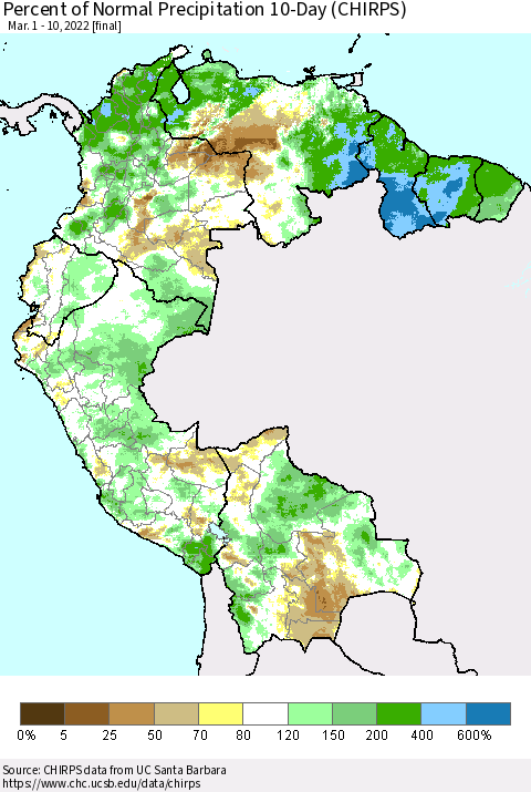 Northern South America Percent of Normal Precipitation 10-Day (CHIRPS) Thematic Map For 3/1/2022 - 3/10/2022