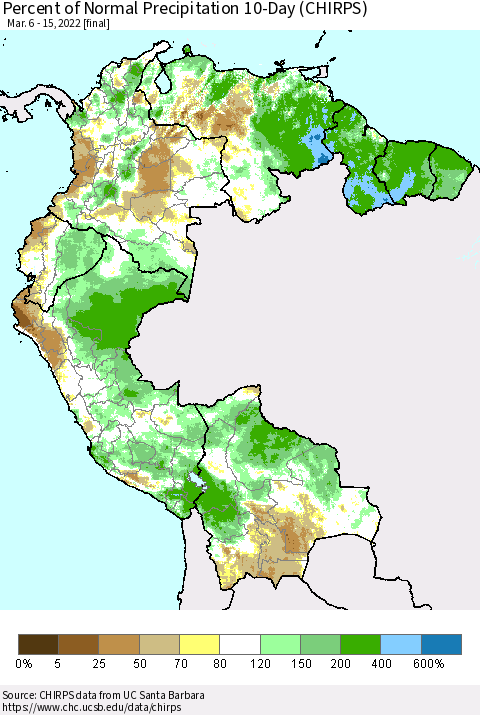 Northern South America Percent of Normal Precipitation 10-Day (CHIRPS) Thematic Map For 3/6/2022 - 3/15/2022