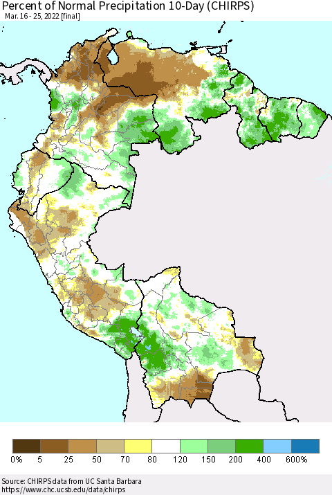 Northern South America Percent of Normal Precipitation 10-Day (CHIRPS) Thematic Map For 3/16/2022 - 3/25/2022