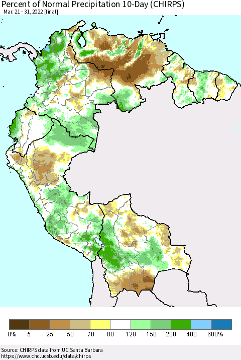 Northern South America Percent of Normal Precipitation 10-Day (CHIRPS) Thematic Map For 3/21/2022 - 3/31/2022