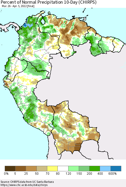 Northern South America Percent of Normal Precipitation 10-Day (CHIRPS) Thematic Map For 3/26/2022 - 4/5/2022