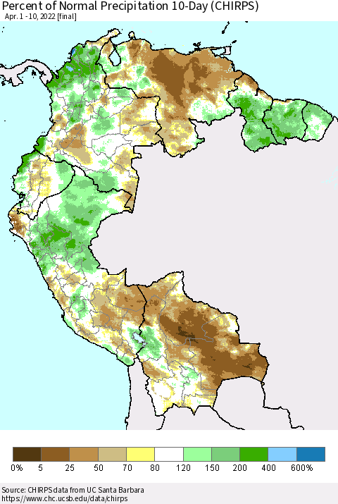 Northern South America Percent of Normal Precipitation 10-Day (CHIRPS) Thematic Map For 4/1/2022 - 4/10/2022