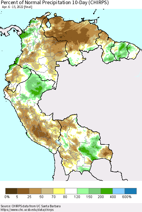 Northern South America Percent of Normal Precipitation 10-Day (CHIRPS) Thematic Map For 4/6/2022 - 4/15/2022
