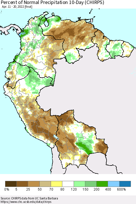 Northern South America Percent of Normal Precipitation 10-Day (CHIRPS) Thematic Map For 4/11/2022 - 4/20/2022