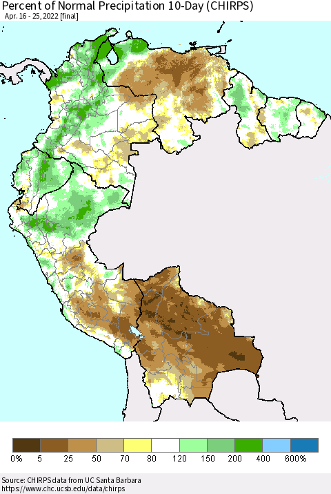Northern South America Percent of Normal Precipitation 10-Day (CHIRPS) Thematic Map For 4/16/2022 - 4/25/2022